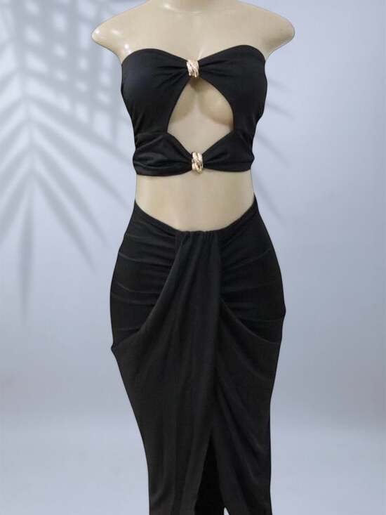 Black Cutout Two-Piece Set – Ruched Maxi Skirt ✧ L - Picture 2 of 5